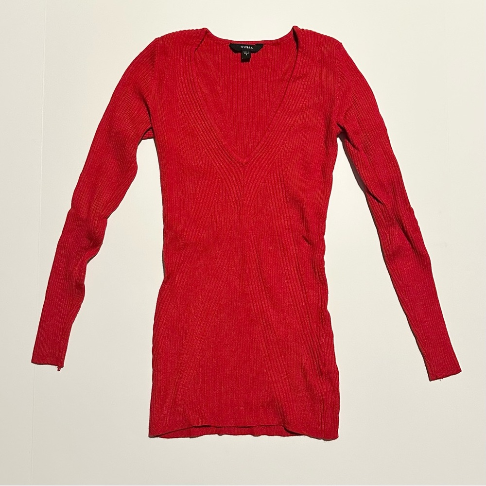 GUESS Red Rib Knit Deep V Neck Sweater sz S